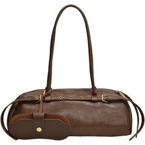 Wome'ns Brown PU Leather Tote Bag Casual Bowling Bag Purse Retro Underarm